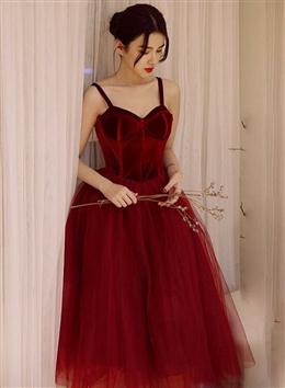 Picture of Wine Red Color Tea Length Velvet Top and Tulle Party Dresses, Dark Red Color Straps Evening Dresses